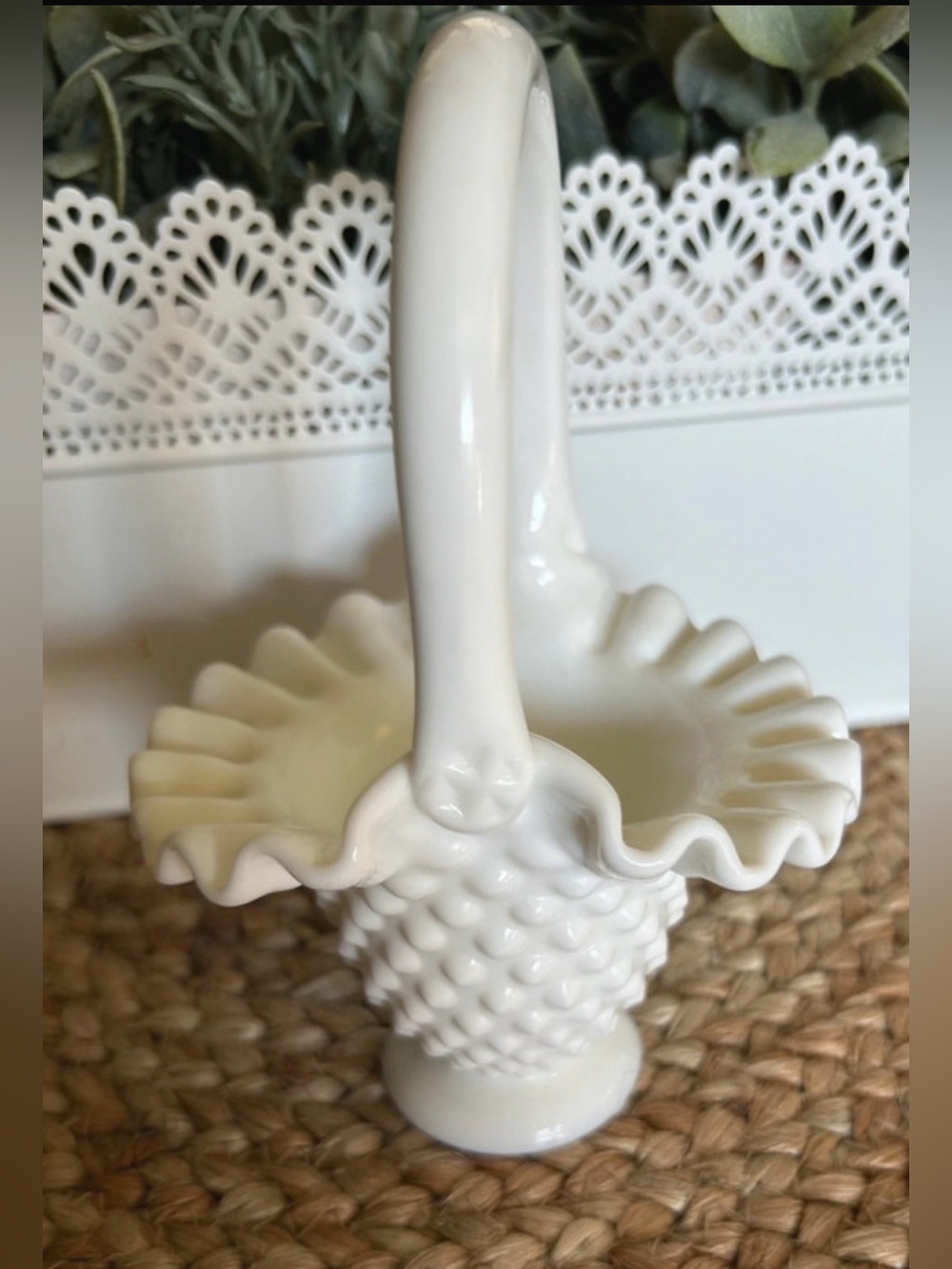 Vintage Fenton Hobnail White Milk Glass Basket w/ Handle & Ruffled Edge